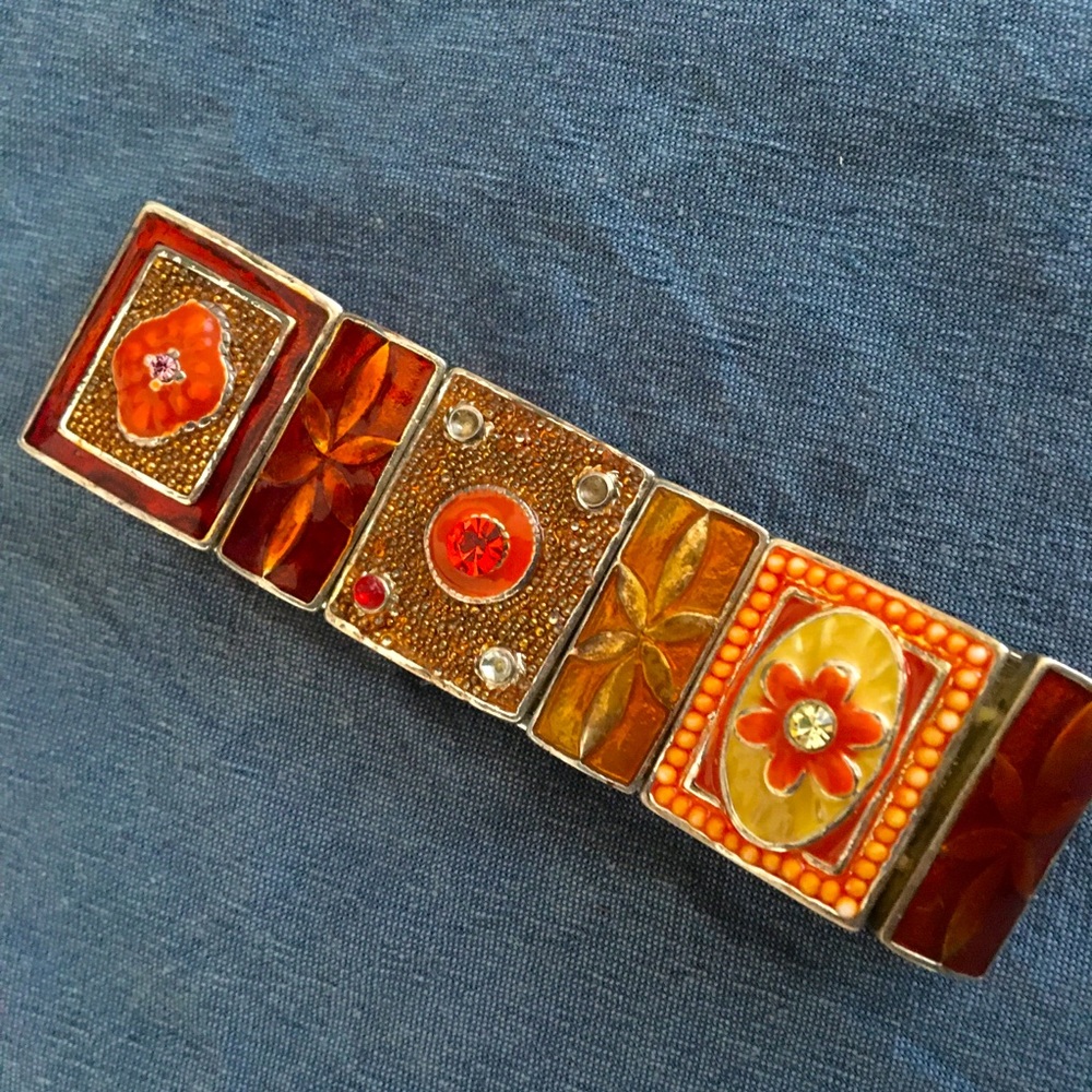 Bracelet elasticated orange silvery tiles